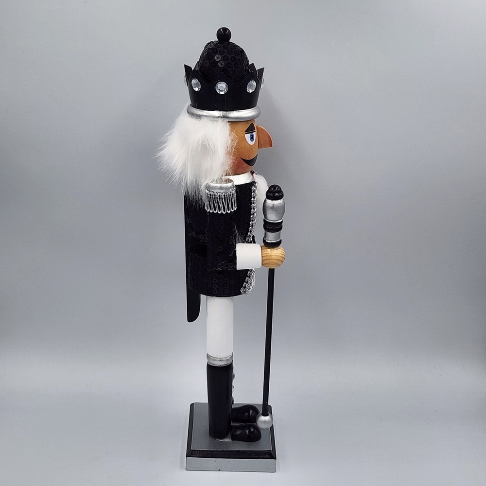 Black Silver King Guard Nutcracker Christmas Sequin Crown Wooden 15" Holiday - Picture 6 of 7